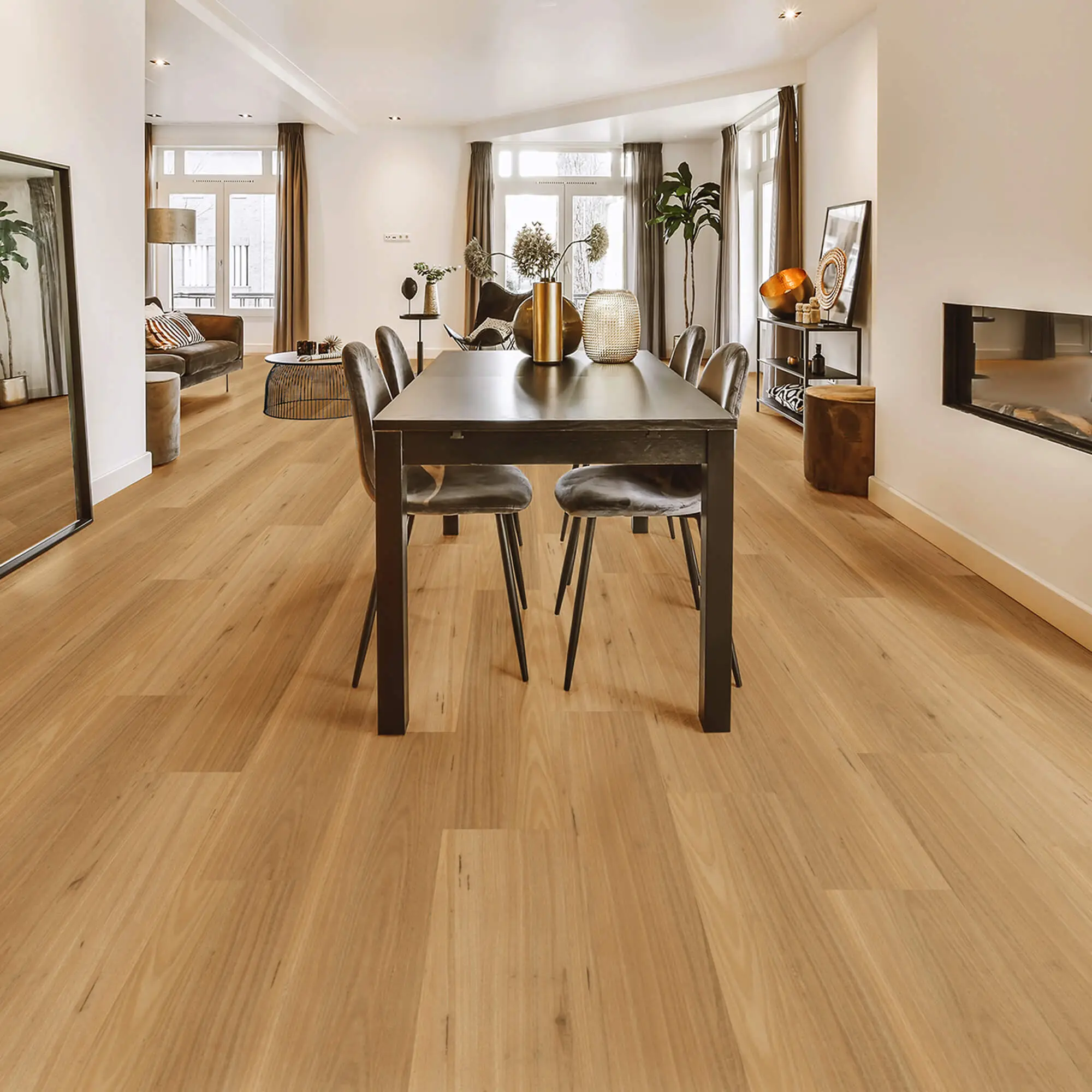 New England Blackbutt engineered floor styled in a living room