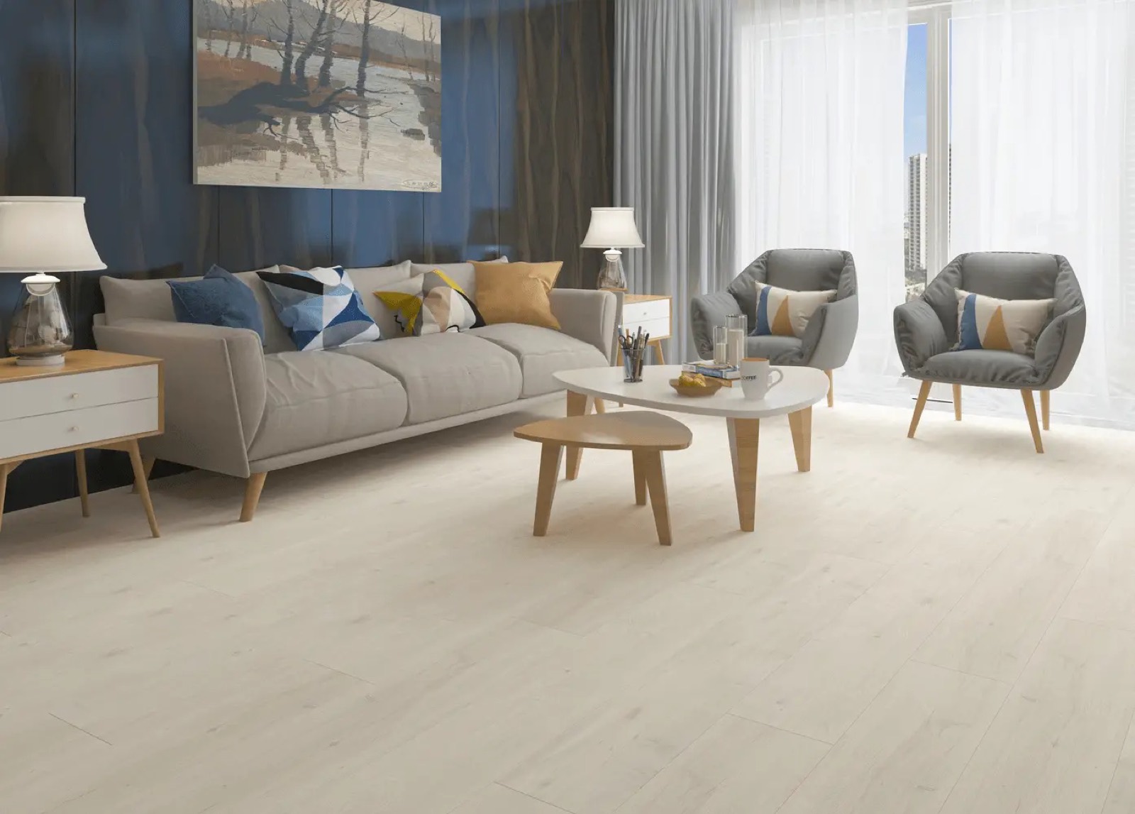 Whitewashed hybrid vinyl plank flooring in a bright coastal room